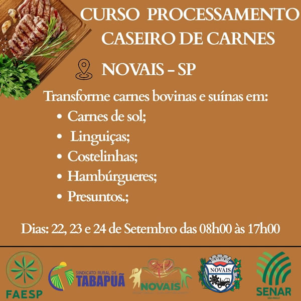 Curso gratuito em Novais | Processamento caseiro de carnes